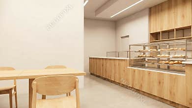 Modern Bakery Interior With Wooden Counter And Display Case Filled With Baked Goods