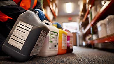 Closeup medium shot of a worker handling chemical waste containers in a veterinary clinic highlighting secure labeling