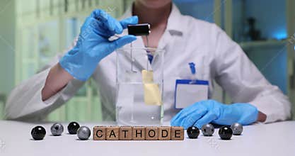 Lab technician lowers strips of litmus paper into glass beaker