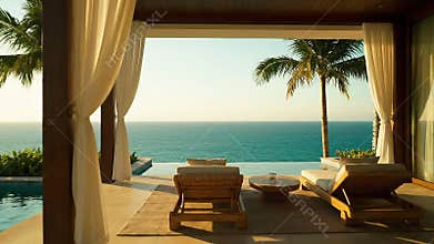 Luxury Tropical Villa Infinity Pool Overlooking Ocean and Palm Trees