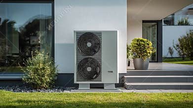 Medium shot of a modern heat pump unit installed outside a newly built home showcasing sustainable energy use and