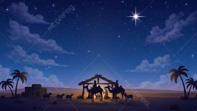 Animated Nativity Scene with Starry Night and Wise Men Journeying