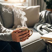 Woman enjoys a steaming cup of coffee while relaxing on a cozy couch with a book nearby