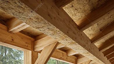 Medium shot of natural wool insulation panels being installed between wooden beams in a cozy home highlighting