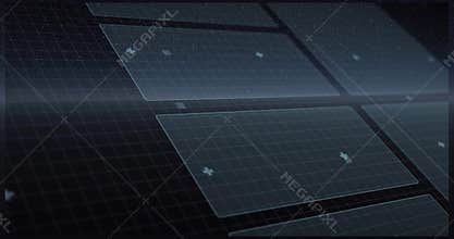 Displaying frosted UI tiles forming diagonal depth in dark HUD, showing grid, cross markers, specks