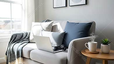 Cozy living room setup with laptop headphones coffee and plant on a side table near sofa