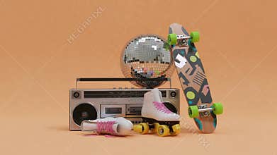 Vintage retro boombox with disco ball and skates