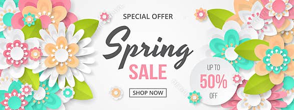 Spring sale banner with beautiful colorful flower.