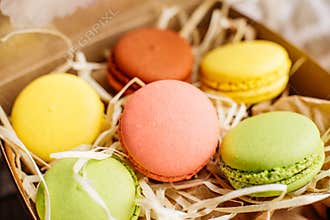 Wedding, St. Valentine`s Day, birthday, preparation, holiday. Beautiful pink tasty macarons