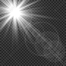 Sunlight isolated. Sun rays light lens flare glare. White transparent sunshine starburst vector illustration