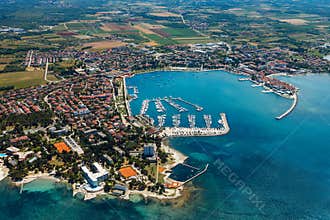 Old coastal city Umag in Croatia, aerial view. Istria, Europe