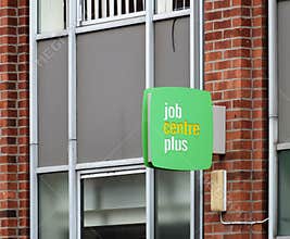 a sign outside a job centre plus in leeds england run by the UK Department for Work and Pensions for its working-age support