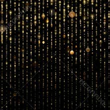 Glitter threads of curtain backdrop on black. Sparkling of shimmering light blurs. Gold particles lines rain. Fashion