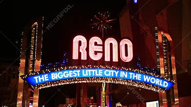 Close Up Shot of the Reno Arch at Night in Downtown Reno