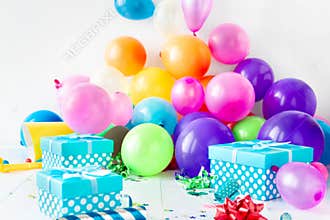 Birthday party balloons background decoration confetti serpentine birthday hat gift
