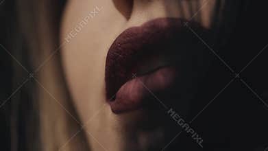 Closeup of a woman`s face, cosmetic for skin care, decorative cosmetics, matte lipstick for the lips, a black feather gently touch