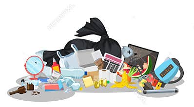 Garbage dump with rubbish for recycling. Different types of waste. Environmental conservation vector infographics