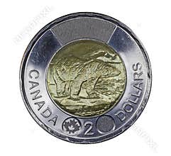Canada`s two dollar coin features a polar bear