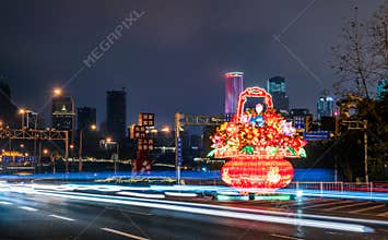 Traditional Chinese Flower Lantern Light Up in City