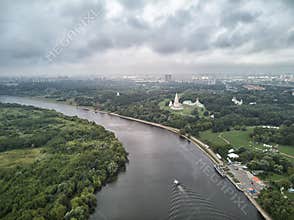 Church of the Ascension in Kolomenskoye park in autumn season aerial view , Moscow, Russia