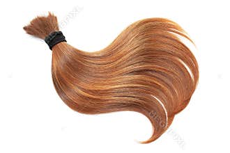 Curl of natural red hair, isolated on white background. Ponytail close up