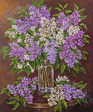 Still life with beautiful blooming pink, violet, purple and white lilac in glass vase on the table. Original oil