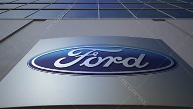 Outdoor signage board with Ford Motor Company logo. Modern office building. Editorial 3D rendering