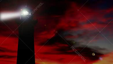 3D Rendered lighthouse at sunset animation