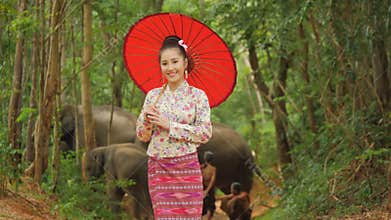 Portrait of attractive asian woman in traditional south east asian costume smiling to camera.