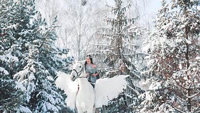 Unforgettable positive emotions, first ride horse, pretty lady in long gray cape with bare shoulders sits on white