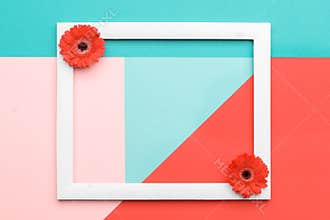 Happy Mother`s Day, Women`s Day, Valentine`s Day or Birthday Living Coral Background. Floral flat lay greeting card.