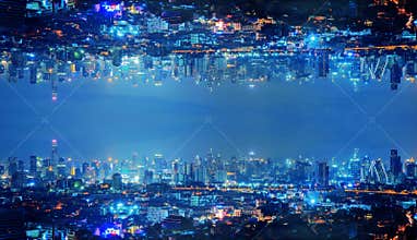 Skyscraper buildings in urban city, Bangkok, Thailand upside down at night in inception Sci-fi futuristic technology fantasy