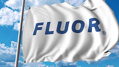 Waving flag with Fluor Corporation logo. 4K editorial animation