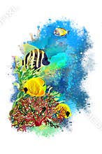 Underwater tropical world on an abstract watercolor background.