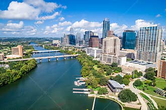 Austin Texas aerial drone view green landscape summer puffy clouds