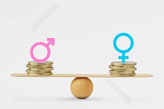 Male and female symbols on piles of coins on balance scale - Gender pay equality concept