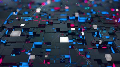 Seamless loop: 3d Digital technology concept. Black cubes with red and blue segments symbolize data block.