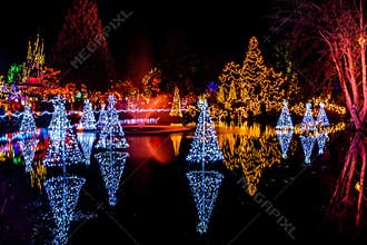 VANCOUVER, CANADA - December 30, 2018: VanDusen Botanical Garden with garland lights at winter seasonal holidays.