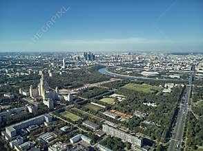 Aerial drone view of Lomonosov Moscow State University MGU, MSU on Sparrow Hills, Moscow, Russia. Beautiful park area