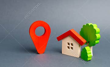 Red marker location and house with trees. Convenient location of the house relative to the infrastructure and public places.