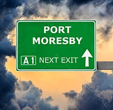 PORT MORESBY road sign against clear blue sky