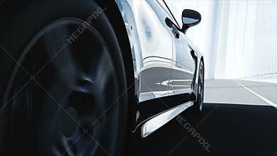 3d model of black sport car on the bridge. Very fast driving. realistic 4K animation.