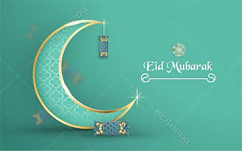 Template for Eid Mubarak with green and gold color tone. 3D Vector illustration in paper cut and craft  for islamic greeting card