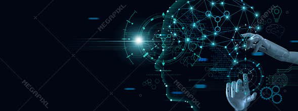 Machine learning. Hand of robot touching on binary data. Futuristic Artificial intelligence AI.