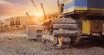 Construction equipment in construction new building background, excavator with crane on construction site