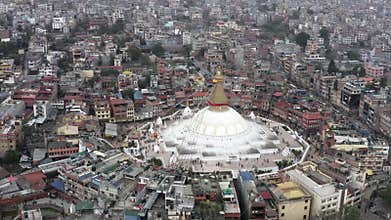 Nepal, Kathmandu. Boudhanath stupa. Aerial footage