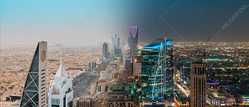 Saudi Arabia Riyadh Landscape Between Day and Night - Riyadh Tower Kingdom Centre, Kingdom Tower, Riyadh Skyline - Burj Al-Mamlaka