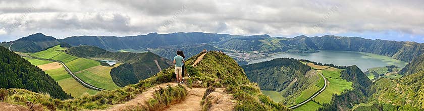 Couple in front of Crater Sete Cidades at Sao Miguel, Azores