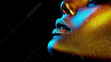 Fashion model woman skin face in bright sparkles, colorful neon lights, beautiful sexy girl lips, mouth. Trendy glowing gold skin