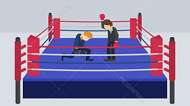 Fighting each other in boxing ring. Businessman battle wearing boxing gloves. Business competition concept. Flat Loop animation.